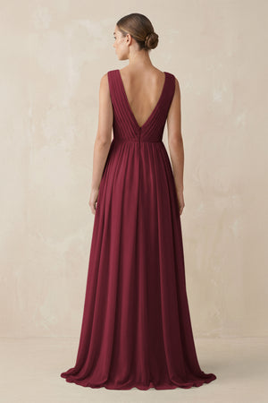 Berry V-Neck Pleated A-Line Chiffon Bridesmaid Dress (2) | KISSBRIDAL