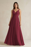 Berry V-Neck Pleated A-Line Chiffon Bridesmaid Dress | KISSBRIDAL