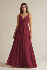 Berry V-Neck Pleated A-Line Chiffon Bridesmaid Dress | KISSBRIDAL