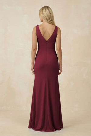 Berry V-Neck Ruched Sheath Bridesmaid Dress with Slit (2) | KISSBRIDAL