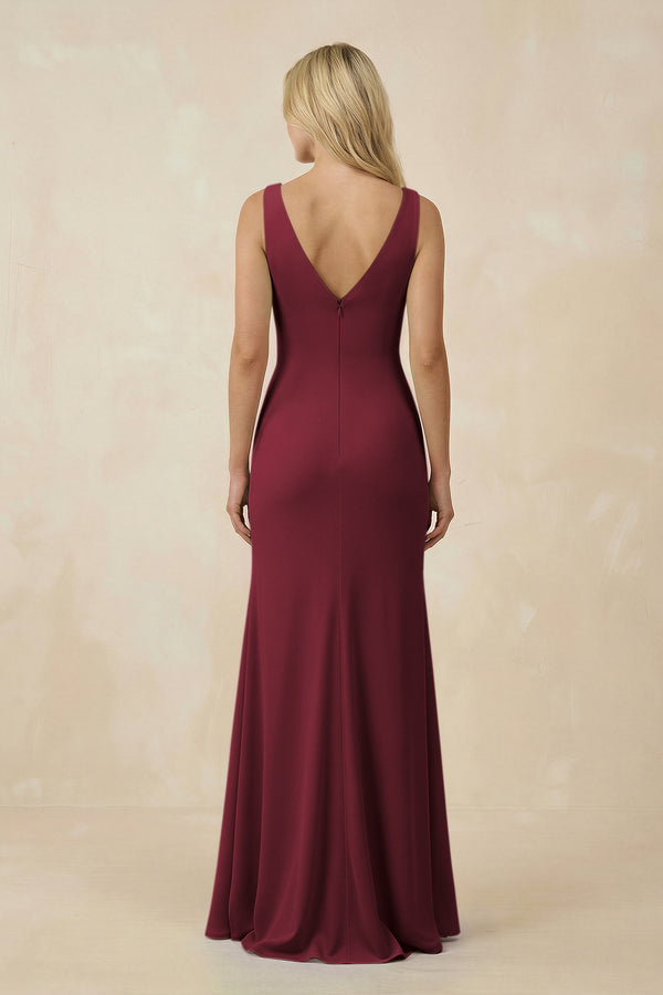 Berry V-Neck Ruched Sheath Bridesmaid Dress with Slit (2) | KISSBRIDAL