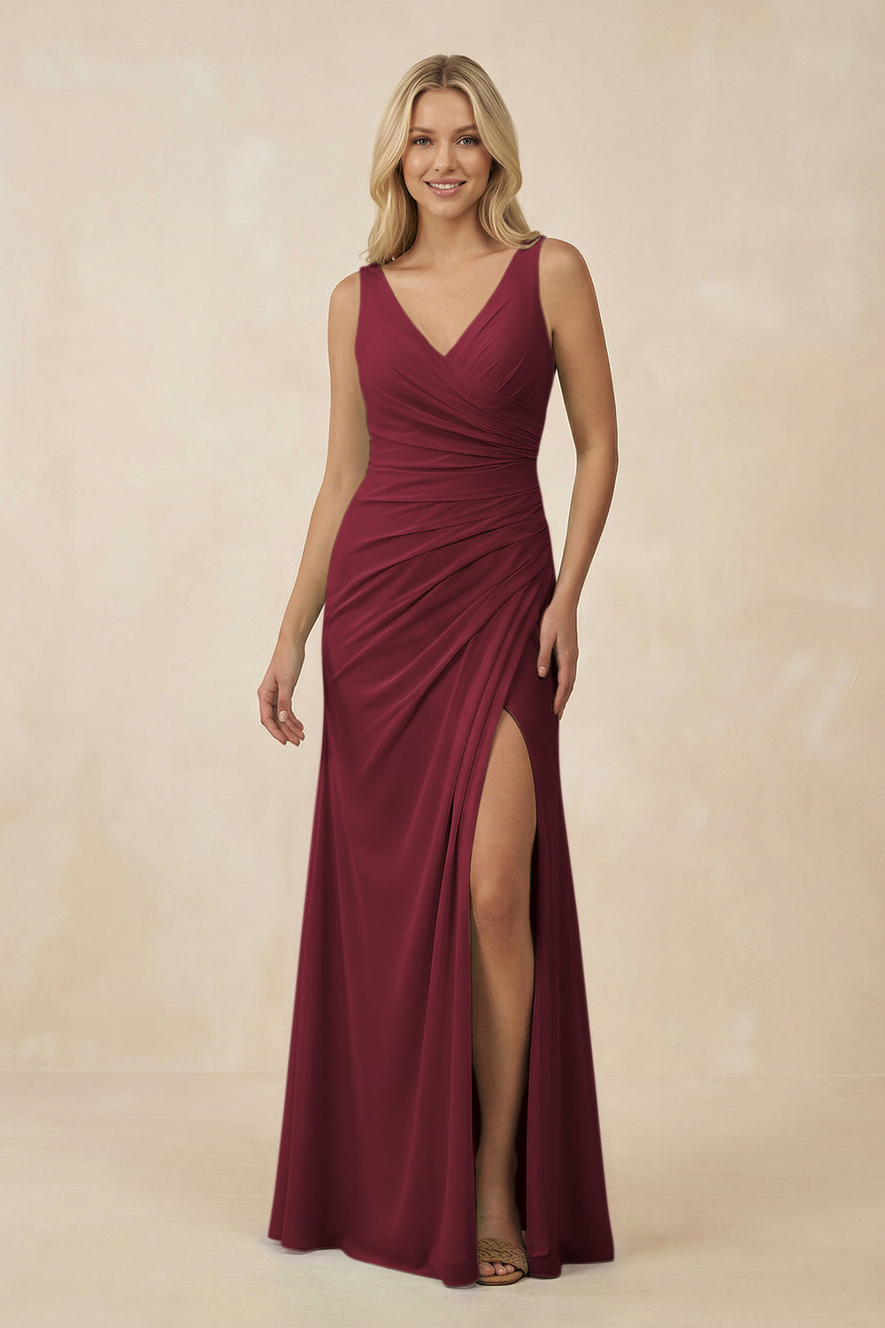 V-Neck Ruched Sheath Bridesmaid Dress with Slit in Berry