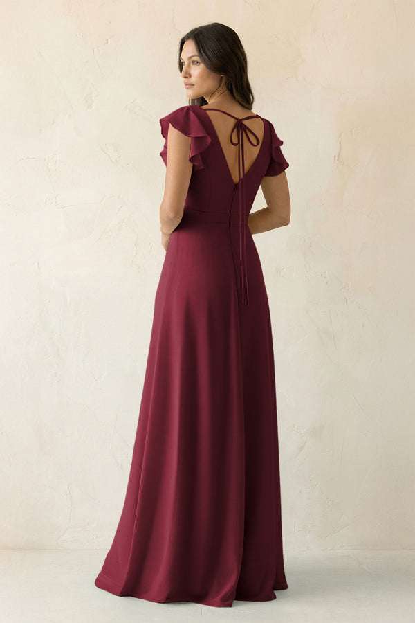 Berry V-Neck Ruffled A-Line Chiffon Bridesmaid Dress (2) | KISSBRIDAL