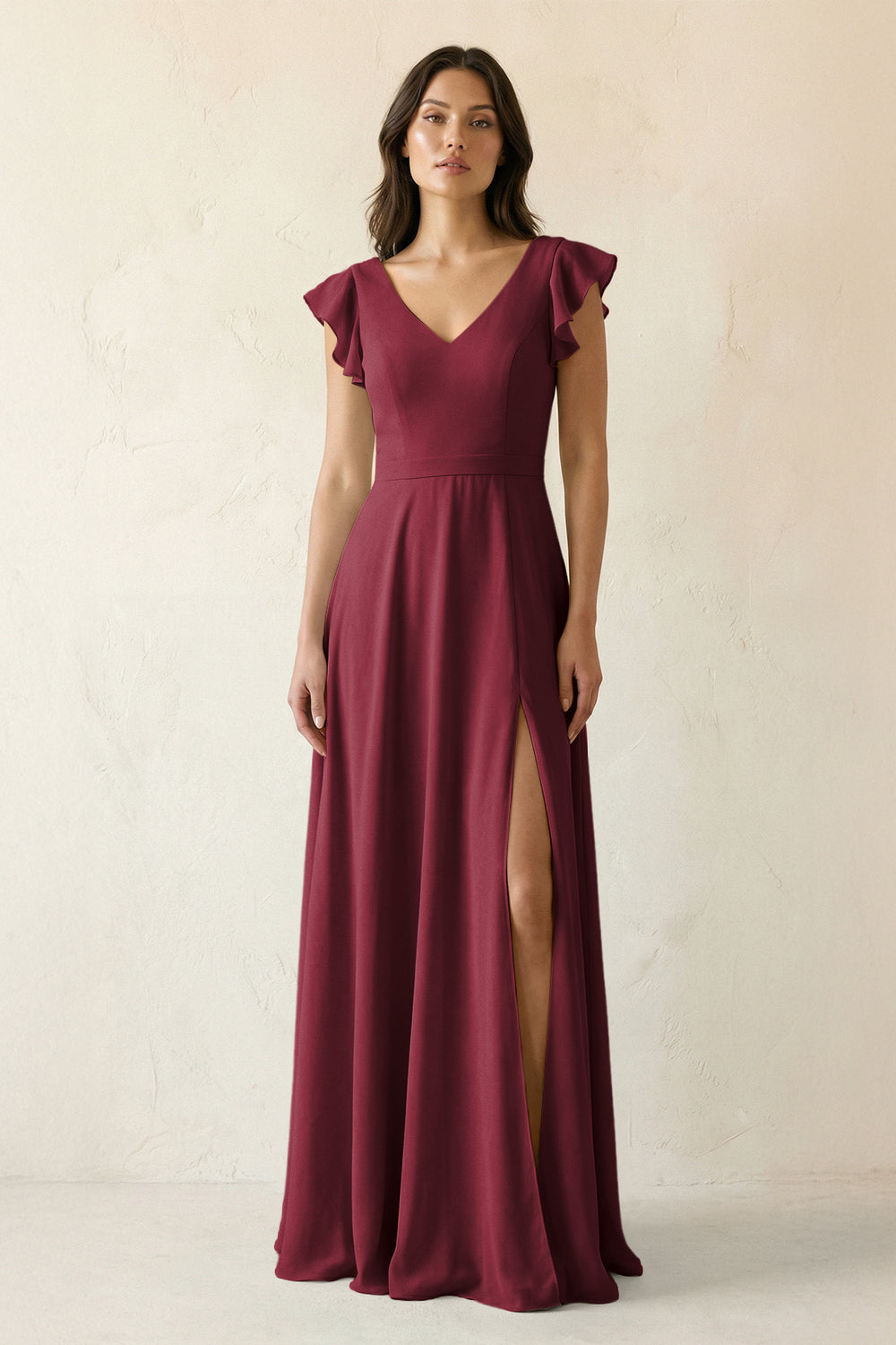 V-Neck Ruffled A-Line Chiffon Bridesmaid Dress in Berry