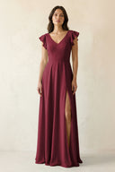 Berry V-Neck Ruffled A-Line Chiffon Bridesmaid Dress | KISSBRIDAL