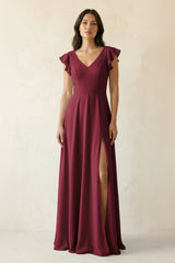 Berry V-Neck Ruffled A-Line Chiffon Bridesmaid Dress | KISSBRIDAL