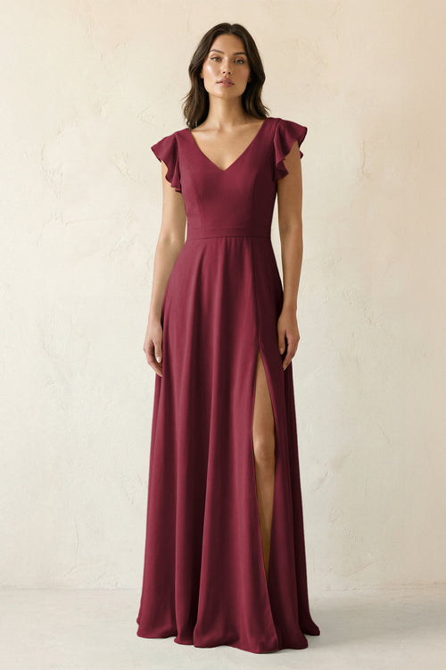 Berry V-Neck Ruffled A-Line Chiffon Bridesmaid Dress | KISSBRIDAL