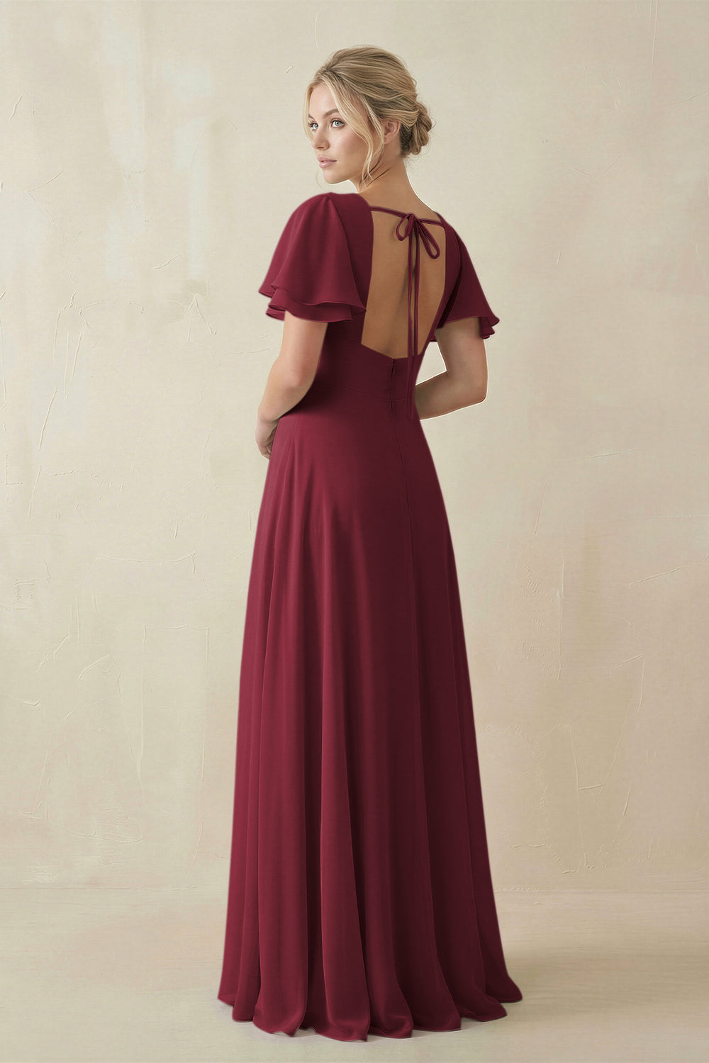 V-Neck Ruffled Short Sleeves A-Line Bridesmaid Dress in Berry