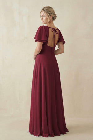 Berry V-Neck Ruffled Short Sleeves A-Line Bridesmaid Dress (2) | KISSBRIDAL