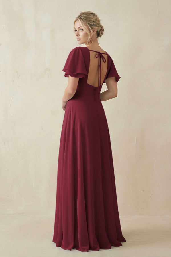 Berry V-Neck Ruffled Short Sleeves A-Line Bridesmaid Dress (2) | KISSBRIDAL