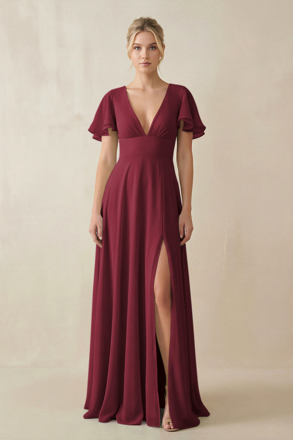 V-Neck Ruffled Short Sleeves A-Line Bridesmaid Dress in Berry
