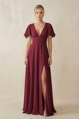 Berry V-Neck Ruffled Short Sleeves A-Line Bridesmaid Dress | KISSBRIDAL