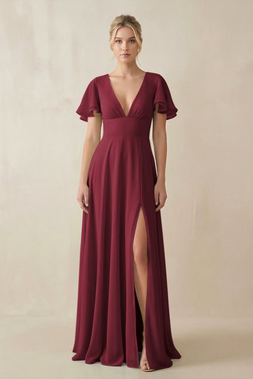 Berry V-Neck Ruffled Short Sleeves A-Line Bridesmaid Dress | KISSBRIDAL