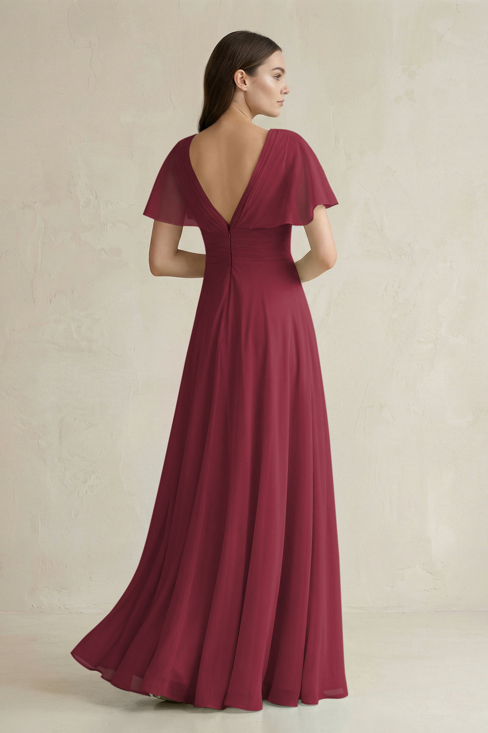 V-Neck Ruffled Sleeve A-Line Chiffon Bridesmaid Dress in Berry