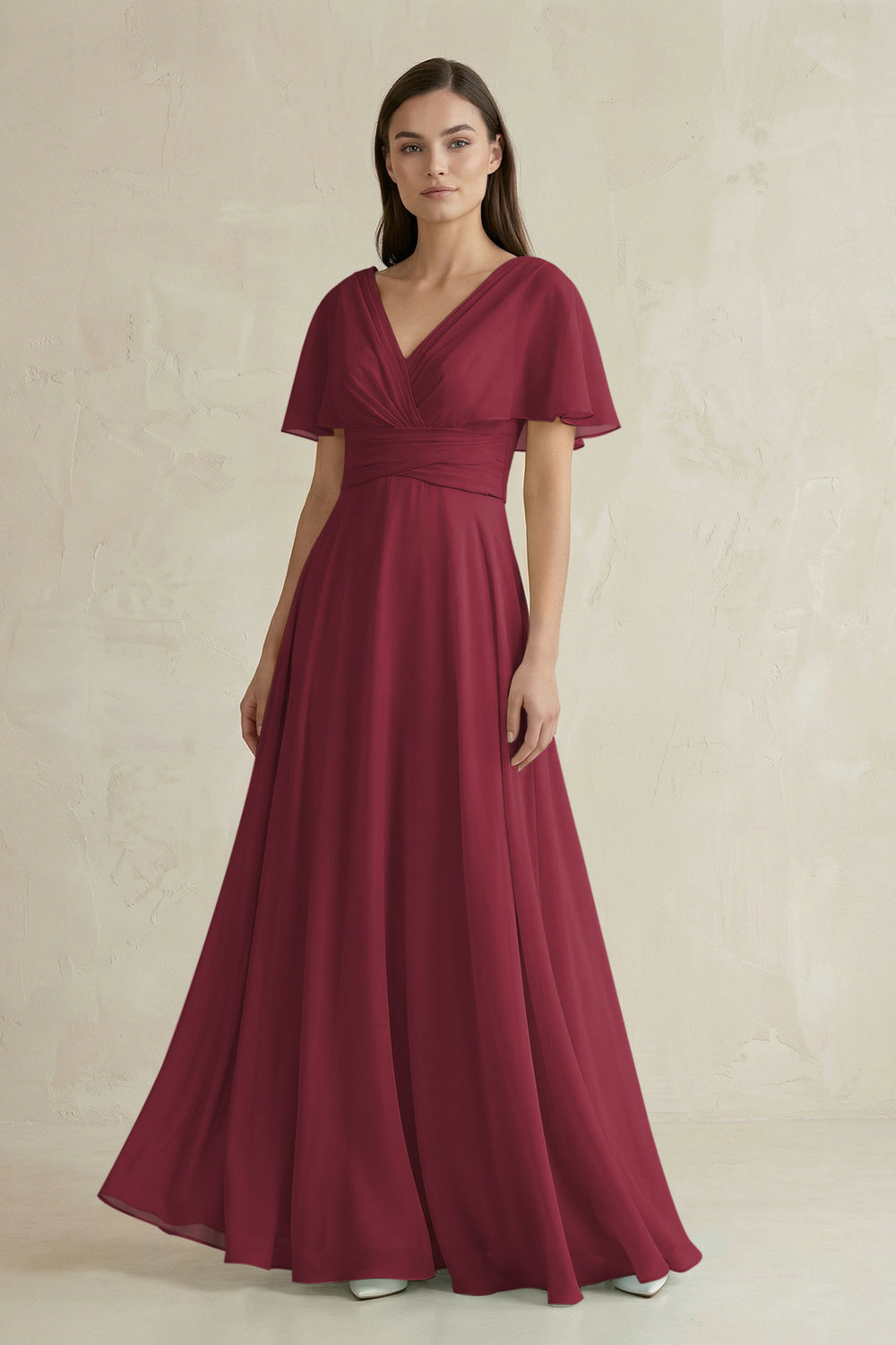 V-Neck Ruffled Sleeve A-Line Chiffon Bridesmaid Dress in Berry