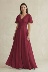 Berry V-Neck Ruffled Sleeve A-Line Chiffon Bridesmaid Dress | KISSBRIDAL