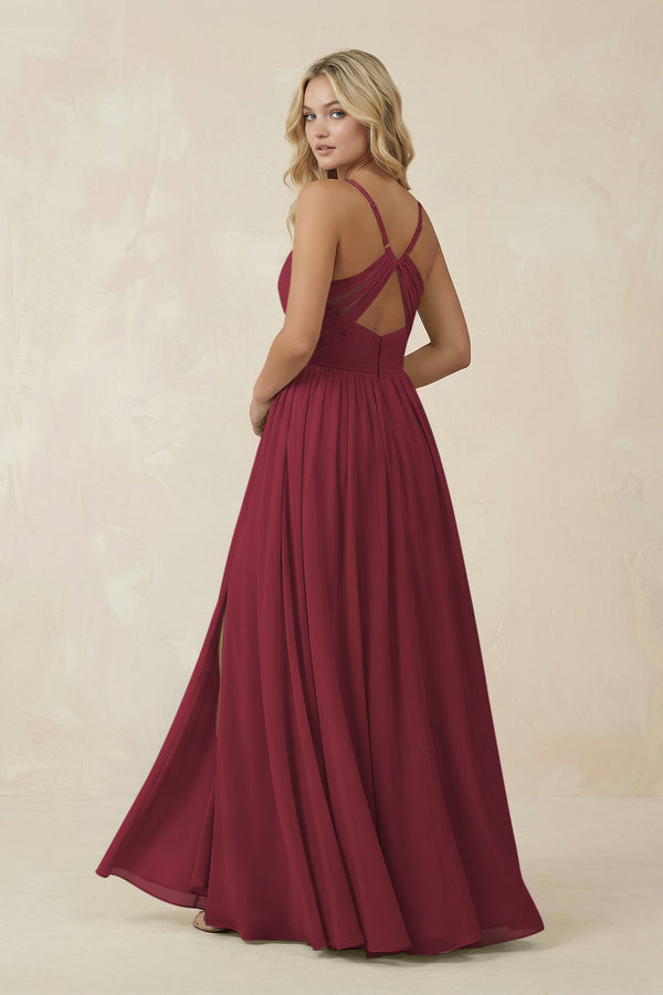 Berry V-Neck Spaghetti Strap A-Line Chiffon Bridesmaid Dress (2) | KISSBRIDAL