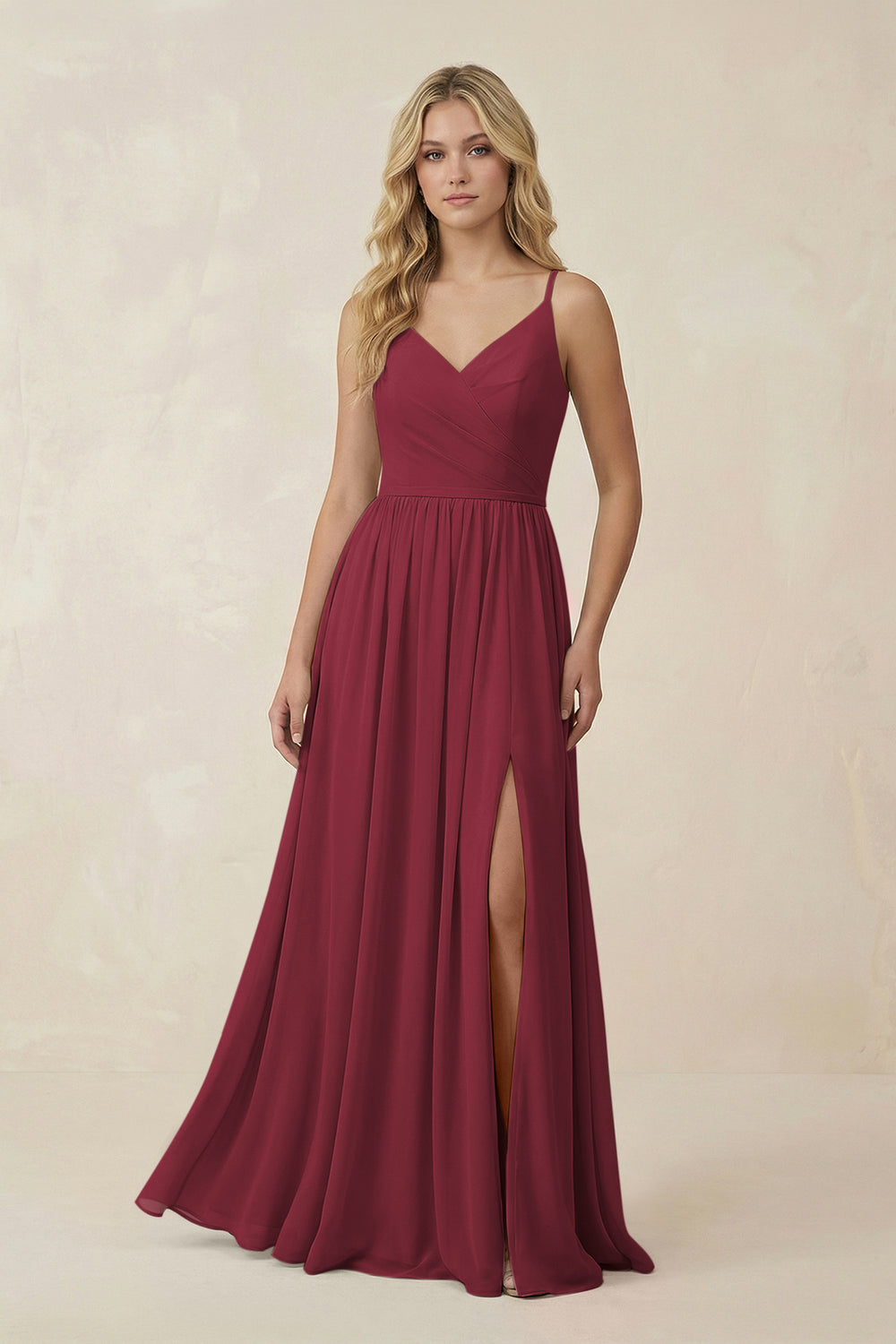 V-Neck Spaghetti Strap A-Line Chiffon Bridesmaid Dress in Berry