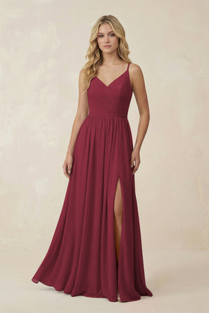 Berry V-Neck Spaghetti Strap A-Line Chiffon Bridesmaid Dress | KISSBRIDAL