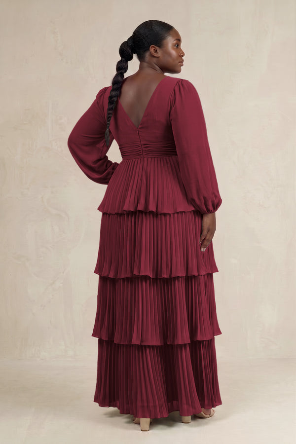 Berry V-Neck Tiered A-Line Long Sleeve Bridesmaid Dress (2) [sizeplus] | KISSBRIDAL