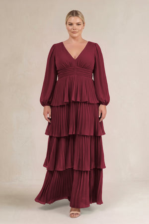 Berry V-Neck Tiered A-Line Long Sleeve Bridesmaid Dress (3) [sizeplus] | KISSBRIDAL