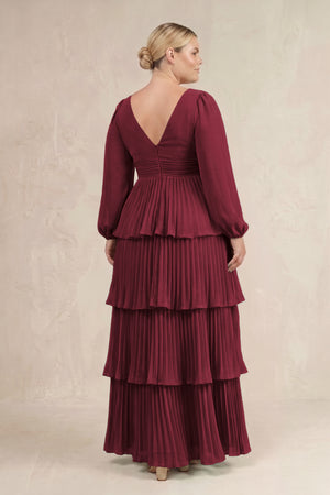 Berry V-Neck Tiered A-Line Long Sleeve Bridesmaid Dress (4) [sizeplus] | KISSBRIDAL