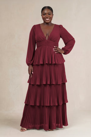 Berry V-Neck Tiered A-Line Long Sleeve Bridesmaid Dress [sizeplus] | KISSBRIDAL