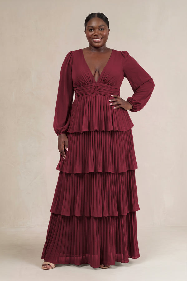 Berry V-Neck Tiered A-Line Long Sleeve Bridesmaid Dress [sizeplus] | KISSBRIDAL
