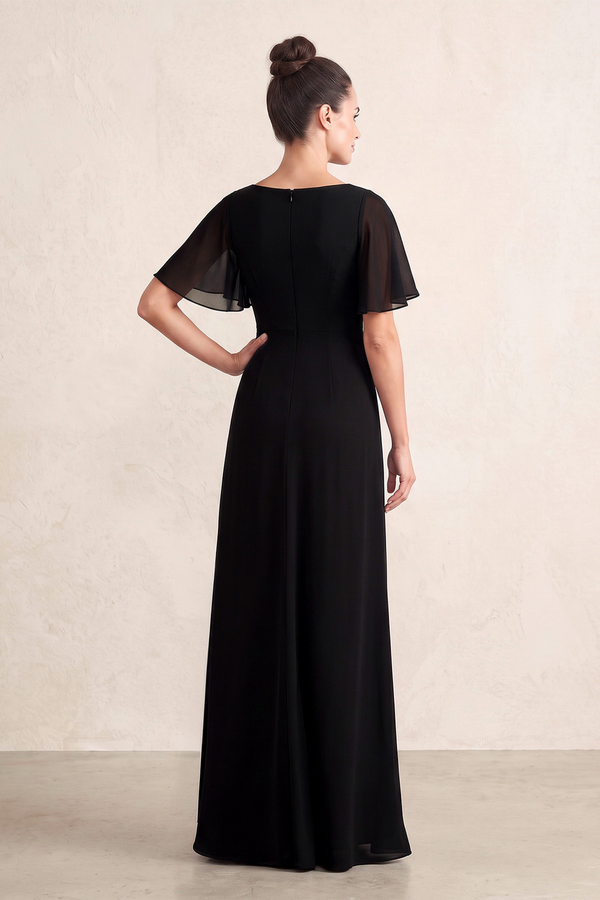 Black A-Line Chiffon Boat Neck Mother of the Bride Dress With Cape Sleeves (2) | KISSBRIDAL