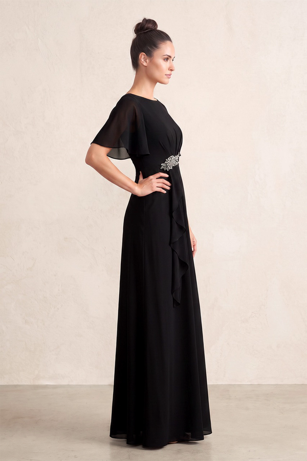 Black A-Line Chiffon Boat Neck Mother of the Bride Dress With Cape Sleeves (3) | KISSBRIDAL