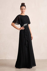 Black A-Line Chiffon Boat Neck Mother of the Bride Dress With Cape Sleeves | KISSBRIDAL