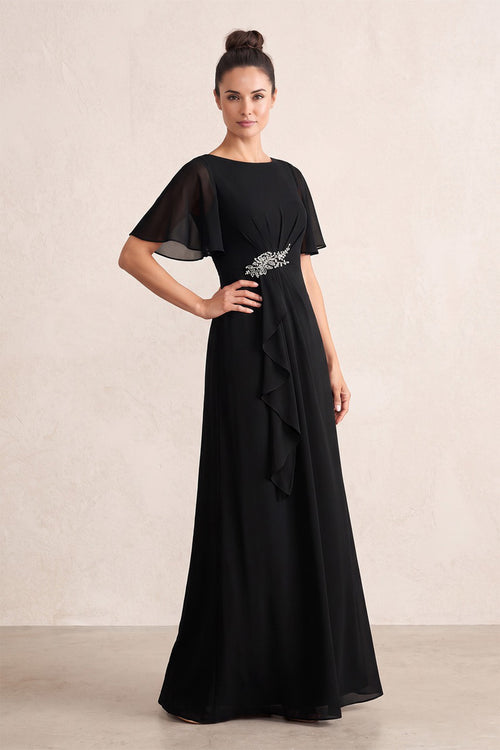 Black A-Line Chiffon Boat Neck Mother of the Bride Dress With Cape Sleeves | KISSBRIDAL