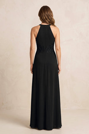 Black A-Line Chiffon Embroidered Halter Mother of the Bride Dress (2) | KISSBRIDAL