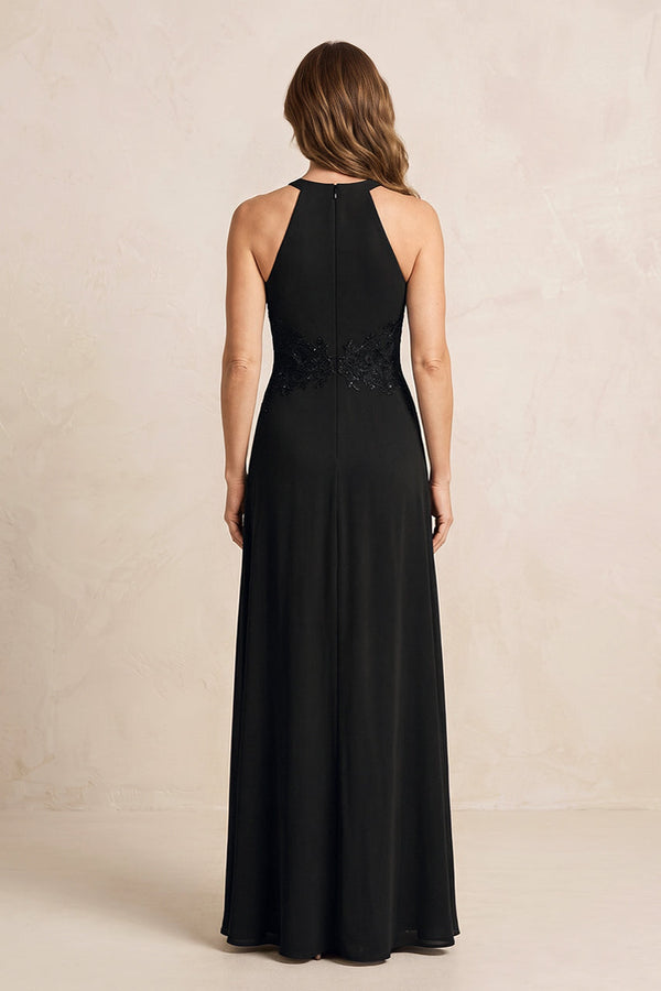 Black A-Line Chiffon Embroidered Halter Mother of the Bride Dress (2) | KISSBRIDAL