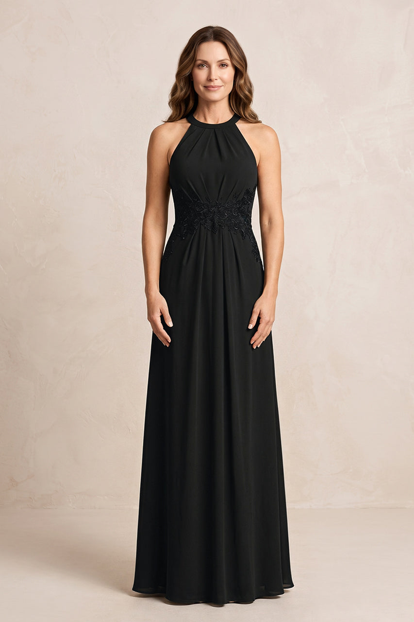 Black A-Line Chiffon Embroidered Halter Mother of the Bride Dress