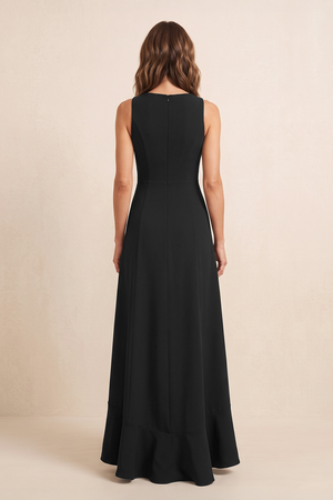 Black A-Line Chiffon Round Neck Mother of the Brides Dress with Ruffled Slit (2) | KISSBRIDAL