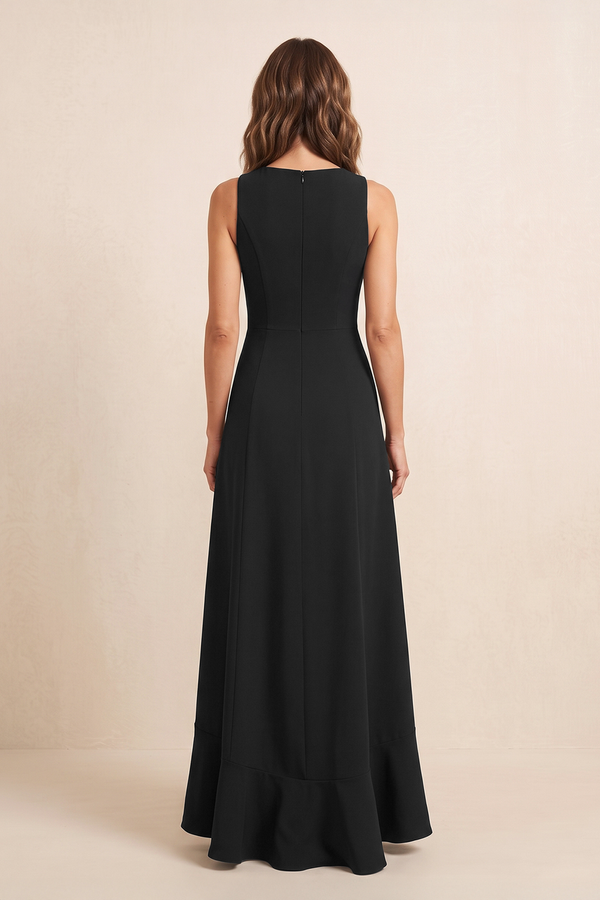 Black A-Line Chiffon Round Neck Mother of the Brides Dress with Ruffled Slit (2) | KISSBRIDAL