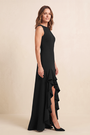 Black A-Line Chiffon Round Neck Mother of the Brides Dress with Ruffled Slit (3) | KISSBRIDAL