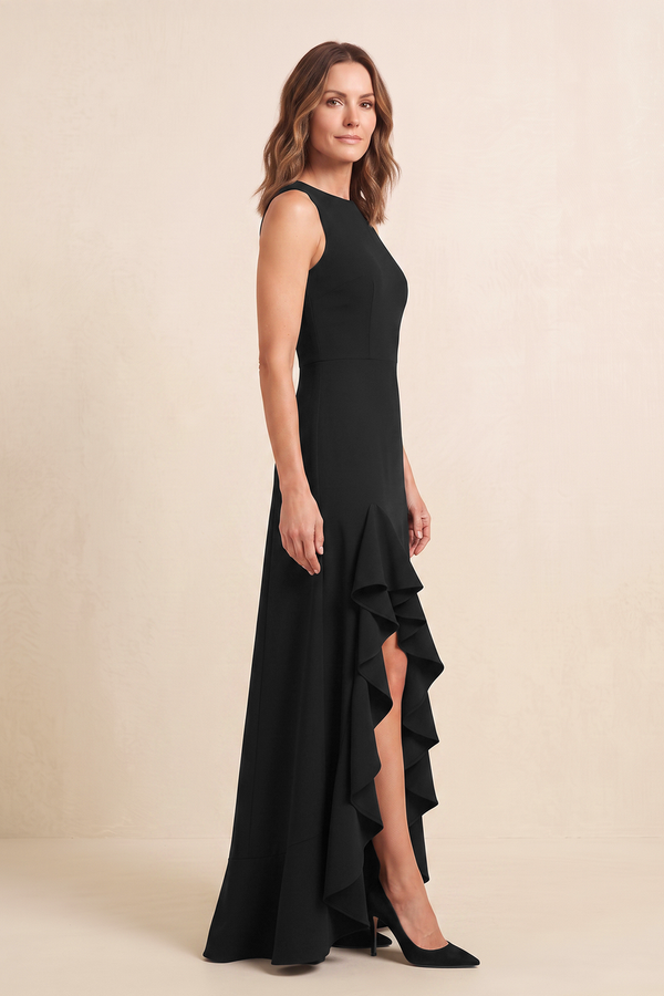 Black A-Line Chiffon Round Neck Mother of the Brides Dress with Ruffled Slit (3) | KISSBRIDAL