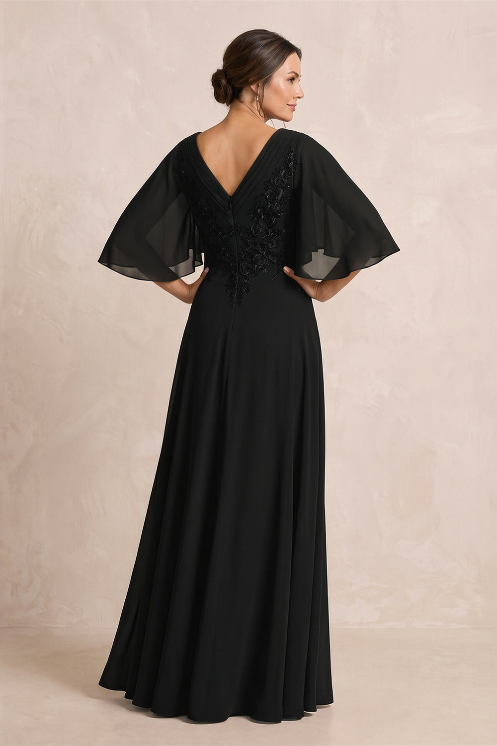 Black A-Line Embroidered Chiffon Mother of the Bride Dress With Sleeves