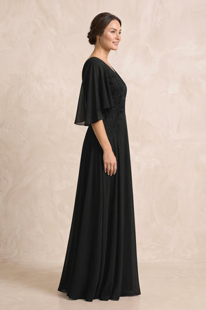 Black A-Line Embroidered Chiffon Mother of the Bride Dress With Sleeves (3) | KISSBRIDAL