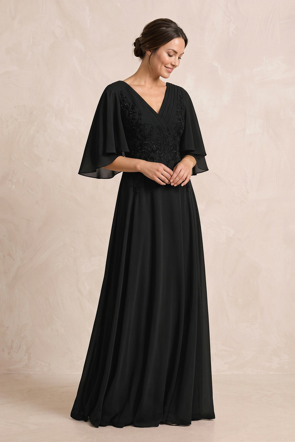 Black A-Line Embroidered Chiffon Mother of the Bride Dress With Sleeves