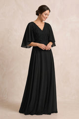 Black A-Line Embroidered Chiffon Mother of the Bride Dress With Sleeves | KISSBRIDAL