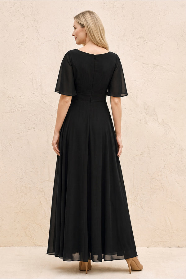 Black A-Line Flutter Sleeves Chiffon Mother of the Bride Dress (2) | KISSBRIDAL