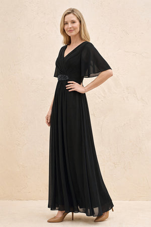 Black A-Line Flutter Sleeves Chiffon Mother of the Bride Dress (3) | KISSBRIDAL