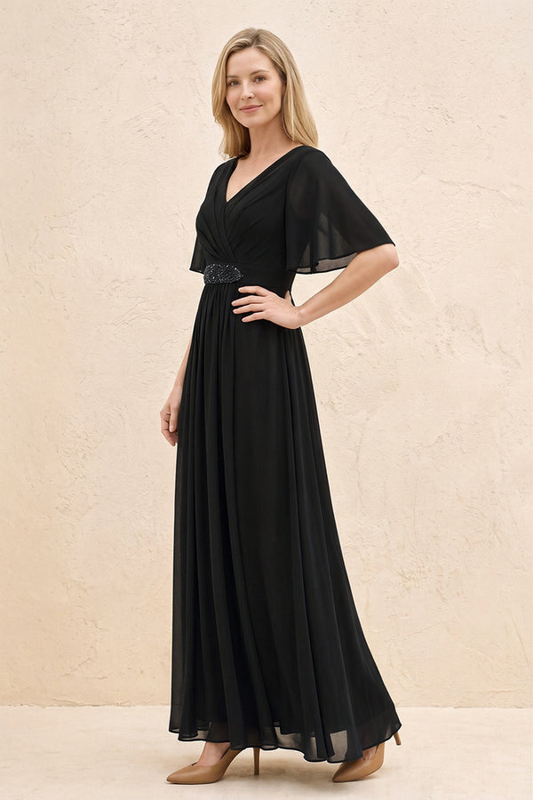 Black A-Line Flutter Sleeves Chiffon Mother of the Bride Dress (3) | KISSBRIDAL