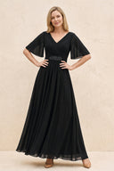 Black A-Line Flutter Sleeves Chiffon Mother of the Bride Dress | KISSBRIDAL