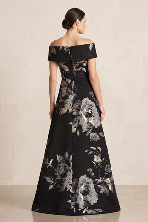 Black A-Line Jacquard Off-the-Shoulder Mother of the Bride Dress (2) | KISSBRIDAL