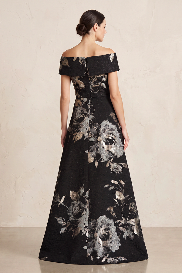 Black A-Line Jacquard Off-the-Shoulder Mother of the Bride Dress (2) | KISSBRIDAL