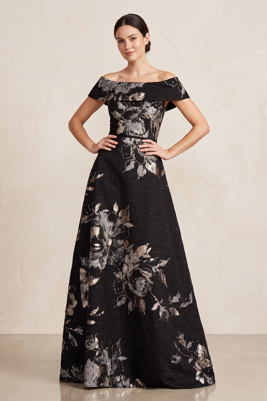 Black A-Line Jacquard Off-the-Shoulder Mother of the Bride Dress
